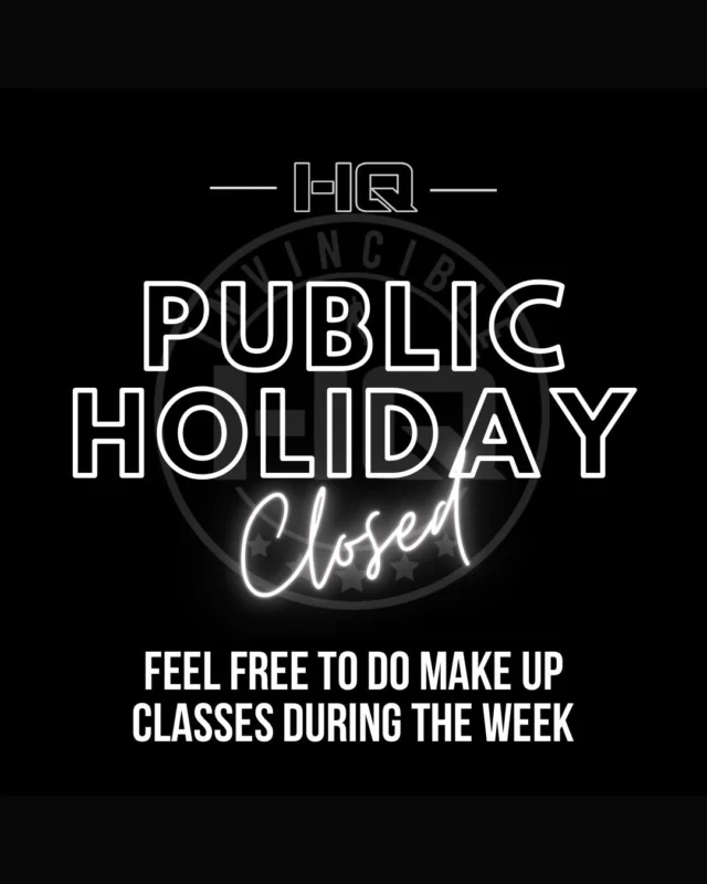A reminder HQ will be closed on public holiday Monday 9th June for King’s Birthday.

All classes will resume as normal on Tuesday 💪

#INVINCIBLEHQ #BuildingHighQualityHumans